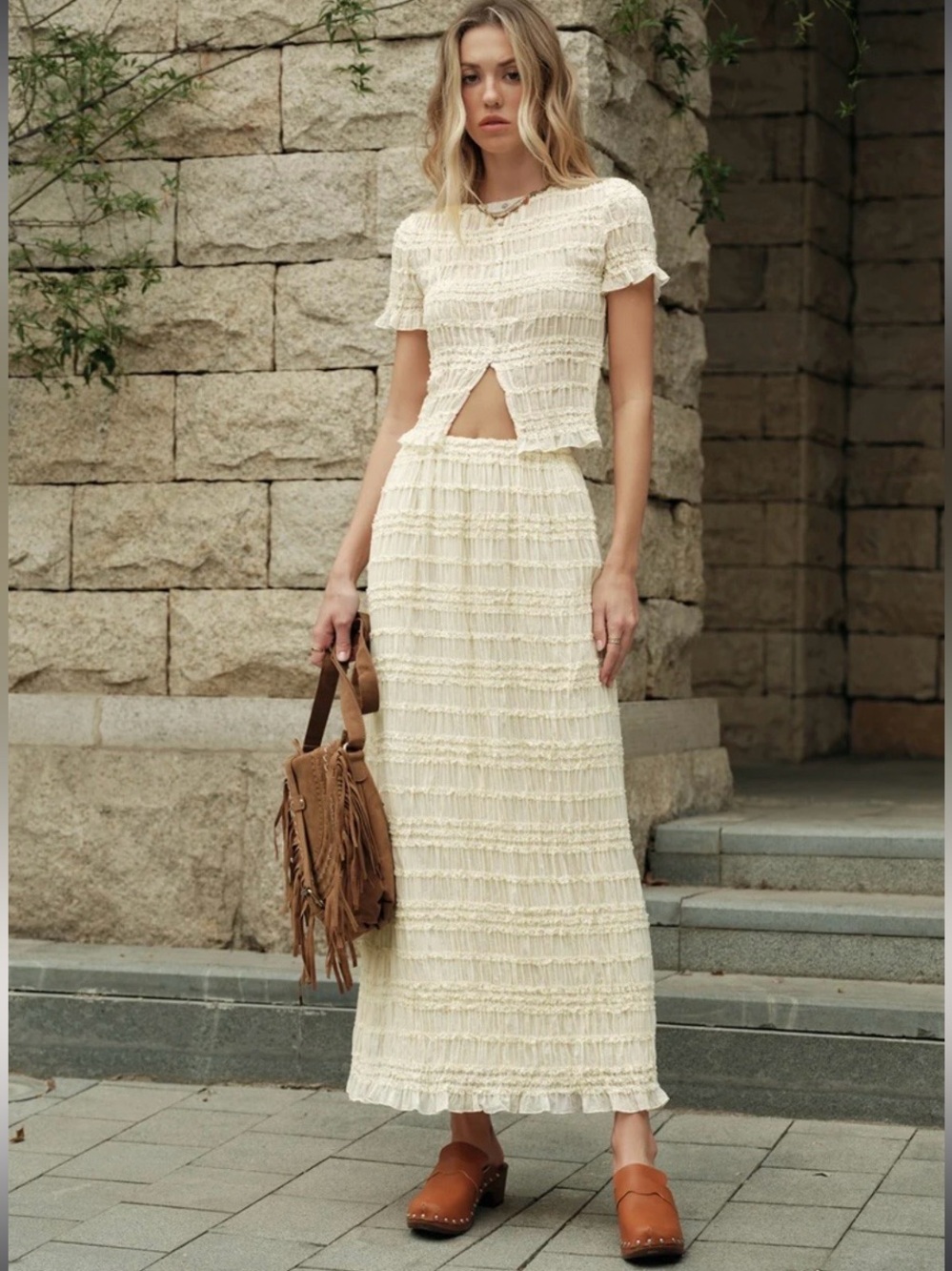 Commense Boho Cream - Textured Women’s Maxi skirt and top set